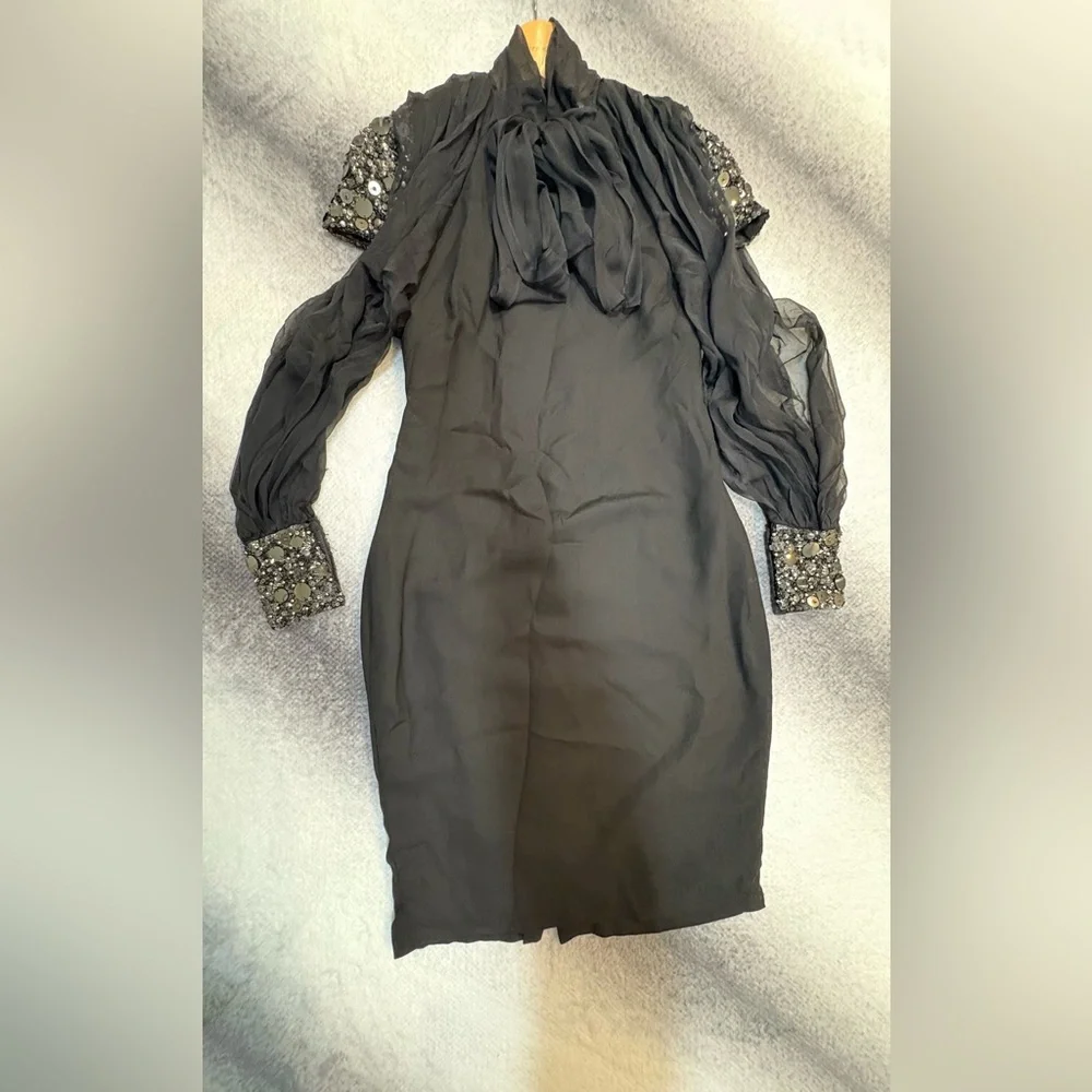 Badgley Mischka Black Crepe Chiffon Open Sleeve‎ Jeweled Bead Cuff Dress XS 0 2